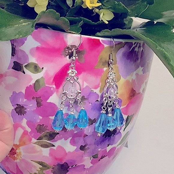 NEW, Silver 3*Tear Turquoise Crystals Drop Dangle Earrings Classic Fish Hooks - Picture 9 of 14